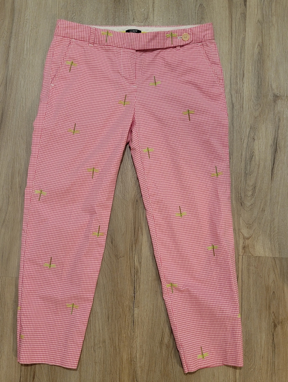 J.CREW Pants Womens Sz 4 Pink Gingham Embroidered Dragonfly Cropped Preppy